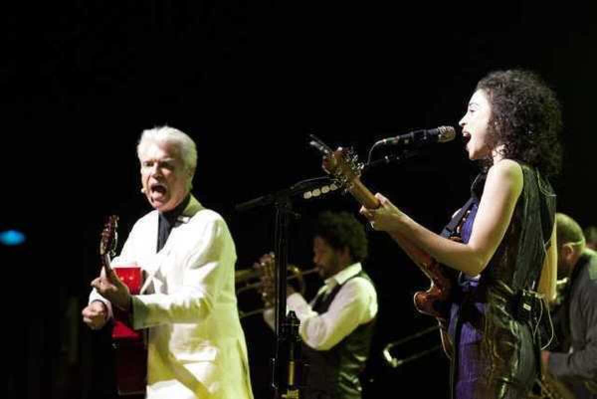 David Byrne and St. Vincent, also known as Annie Clark, perform at the Greek Theatre on Saturday night.