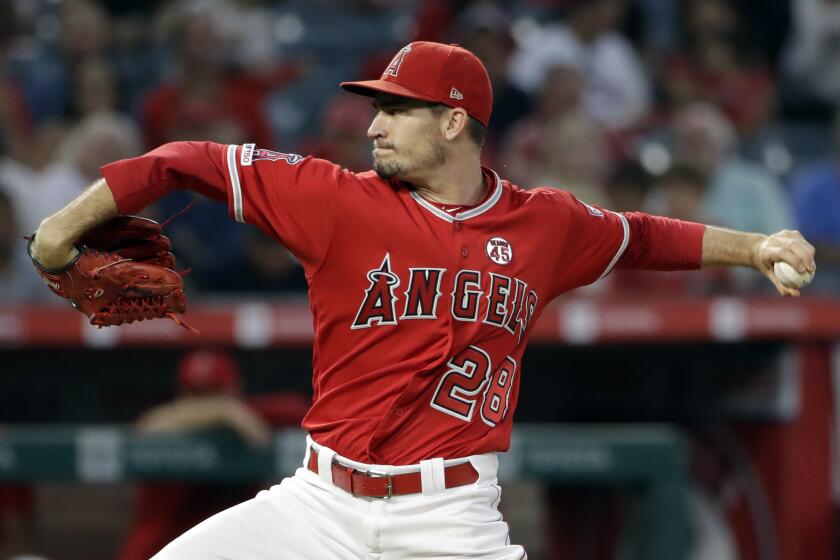 Los Angeles Angels starting pitcher Andrew Heaney throws to a Texas Rangers batter during the second inning of a baseball game Tuesday, Aug. 27, 2019, in Anaheim, Calif. (AP Photo/Marcio Jose Sanchez)