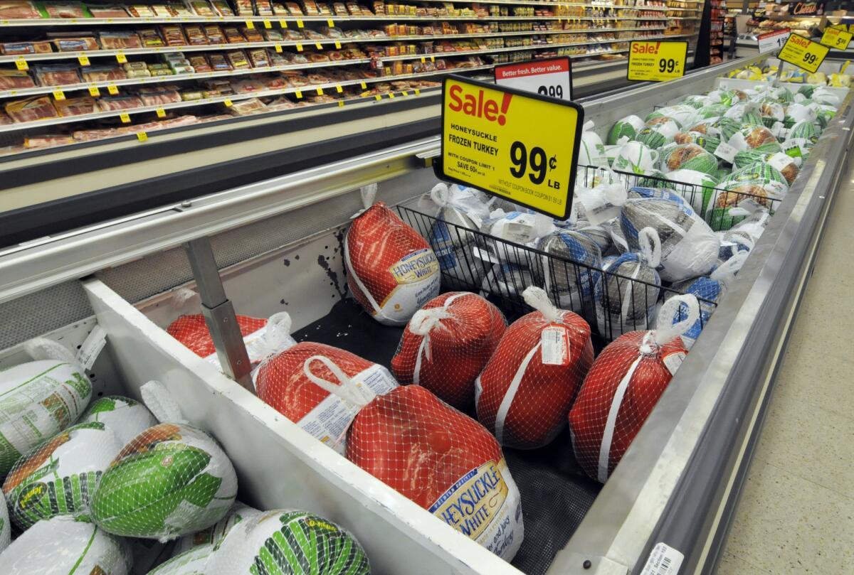 Thanksgiving turkeys are shown at a Cub Foods store in Bloomington, Minn. Consumer prices have risen for the first time in three months, a positive inflation sign for the Fed.
