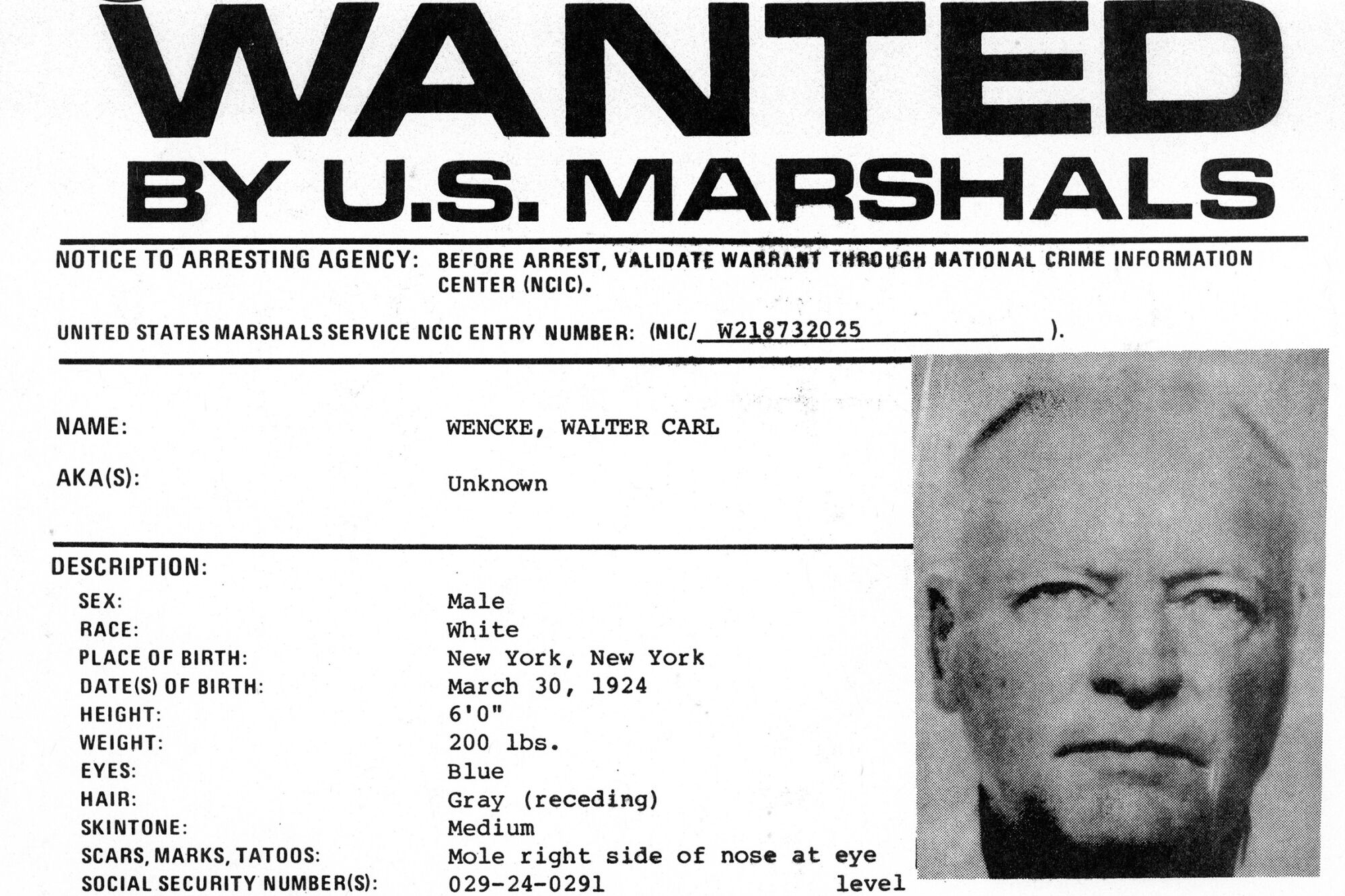Copy of a U.S. Marshals Service wanted poster for Walter Wencke, who fled in 1979 and has never been found.