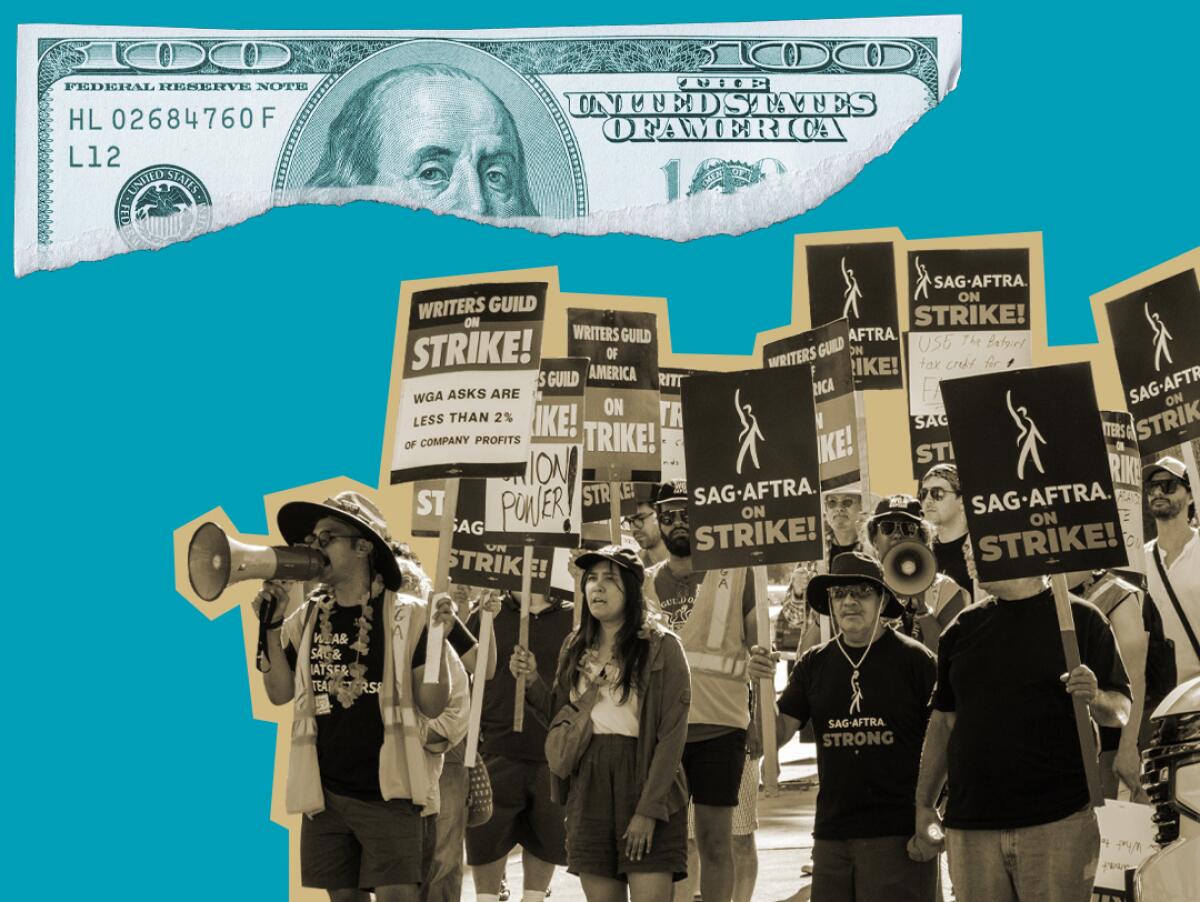 A torn hundred-dollar bill and a large group of WGA and SAG-AFTRA members holding picket signs