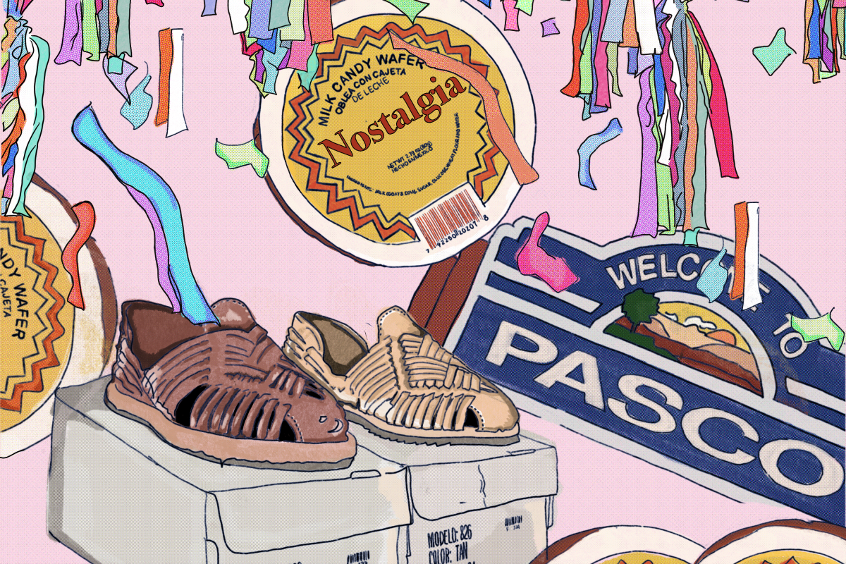 Illustration of confetti, huaraches and candy