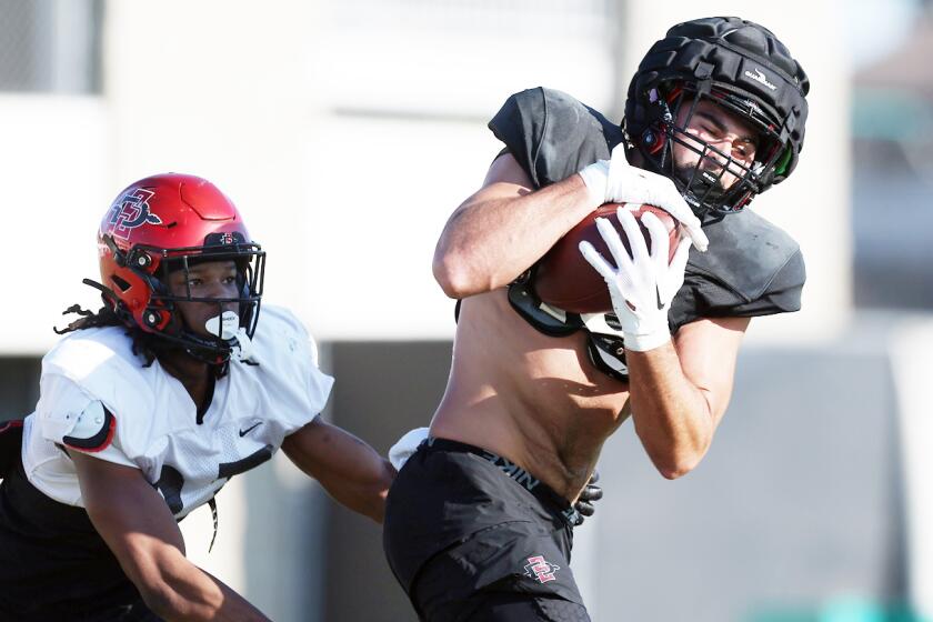 San Diego State tight end Jude Wolfe catches a pass during a recent spring workout.