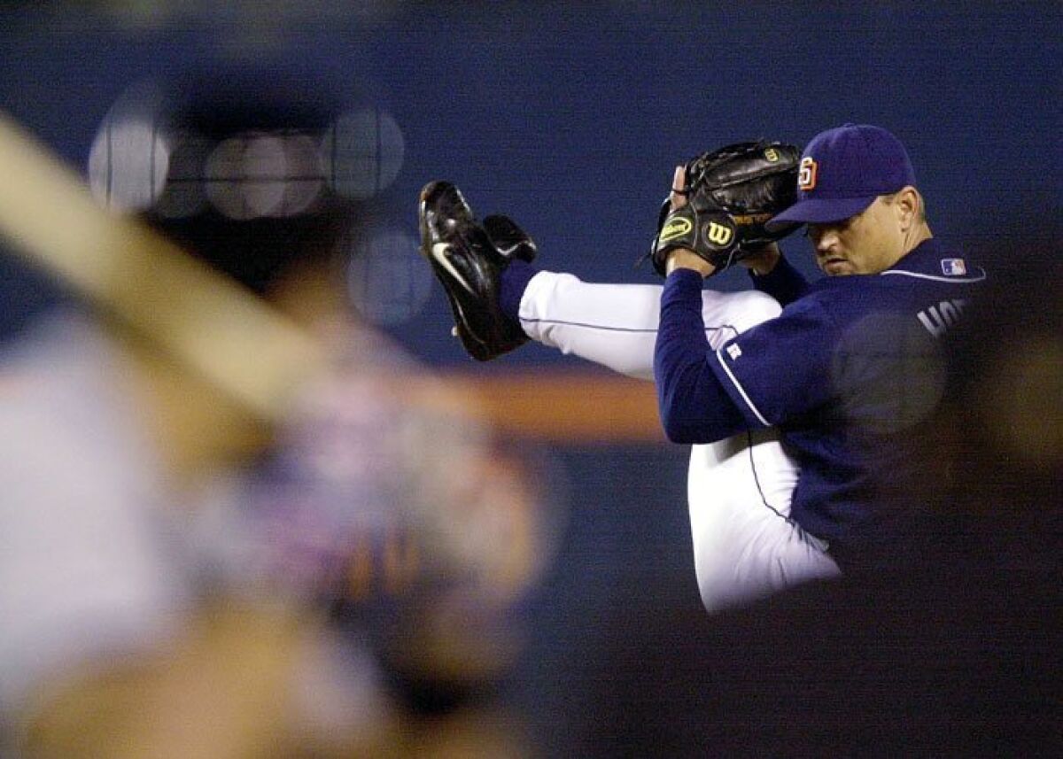 Trevor Hoffman pitches to the Mets' Mike Piazza, the middle out of his 300th save, Aug. 15, 2001.
