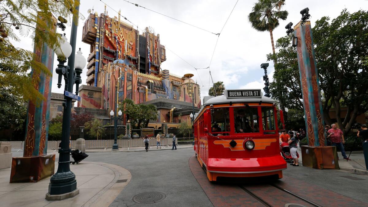 Exterior view of the Guardians of the Galaxy Mission Breakout ride in Anaheim.