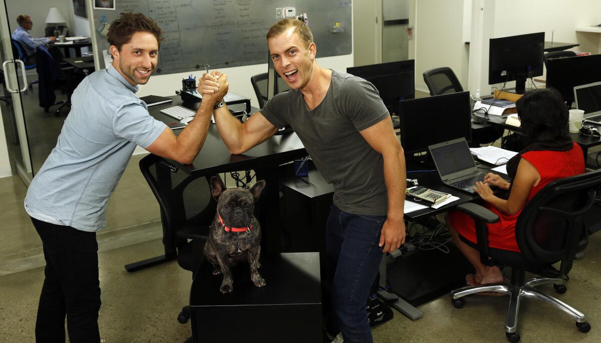Jaspar Weir, left, and Bryce Maddock, co-founders of TaskUs, at their Santa Monica headquarters on August 5, 2015. Below them is Maddock's dog Mr. Carter, a French bulldog.