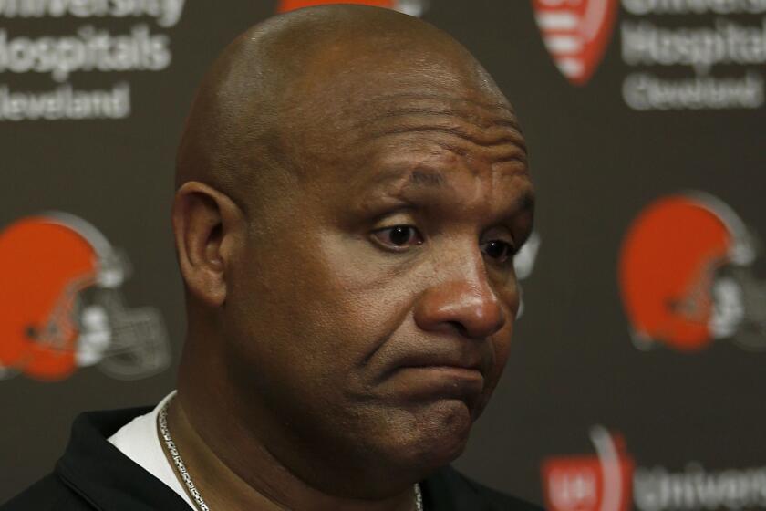 Cleveland Browns head coach Hue Jackson speaks at a news conference after the Browns lost to the Oakland Raiders 45-42 in overtime of an NFL football game in Oakland, Calif., Sunday, Sept. 30, 2018. (AP Photo/D. Ross Cameron)