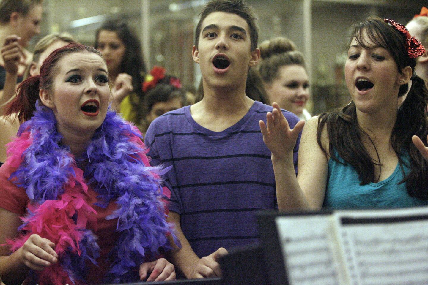 Faydean Kielty, from left, Scott McHorney and Serene Stuck rehearse their songs before their John Burroughs High School Vocal Music Assn. performance, "Burroughs on Broadway," which took place at John Burroughs High School in Burbank on Friday, October 12, 2012.