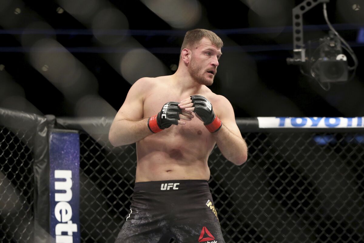 Stipe Miocic is shown in action at UFC 220 on Jan. 21, 2018, in Boston.