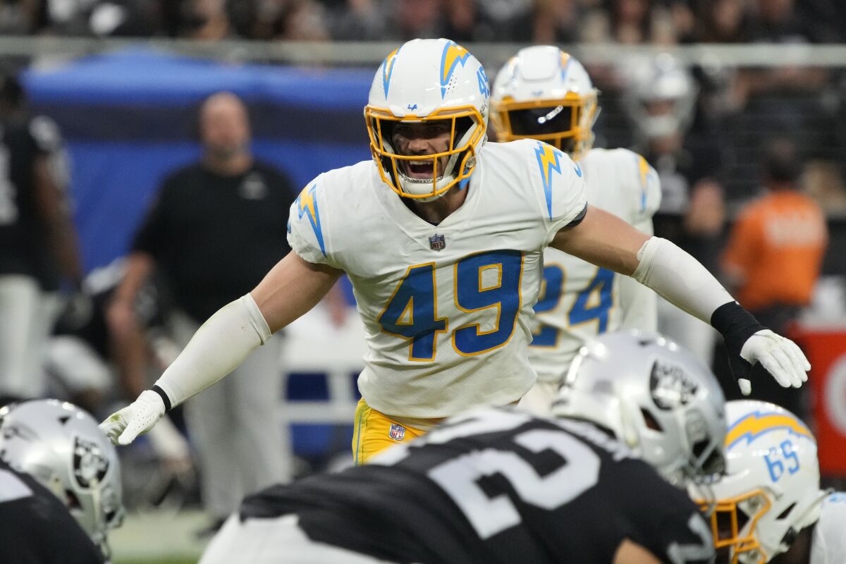 Chargers linebacker Drue Tranquill takes on the Las Vegas Raiders before a snap on Dec. 4.