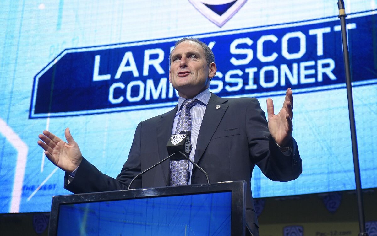 Pac-12 Commissioner Larry Scott speaks at Pac-12 football media day on July 26, 2017.