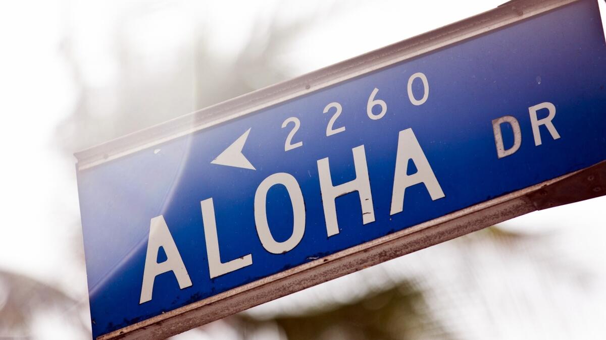 A welcoming street sign greets people along Honolulu's Aloha Drive, just a few blocks from Waikiki Beach.