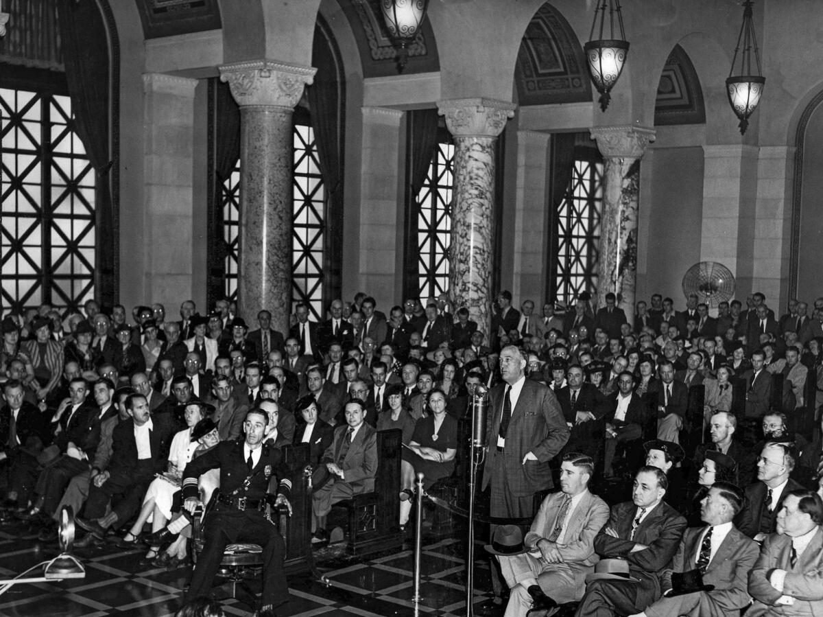 Oct. 23, 1939: A crowd of 400 gathers at Los Angeles City Council meeting to discuss the pros and cons of a proposal to outlaw pinball games, punchboards and similar devices.