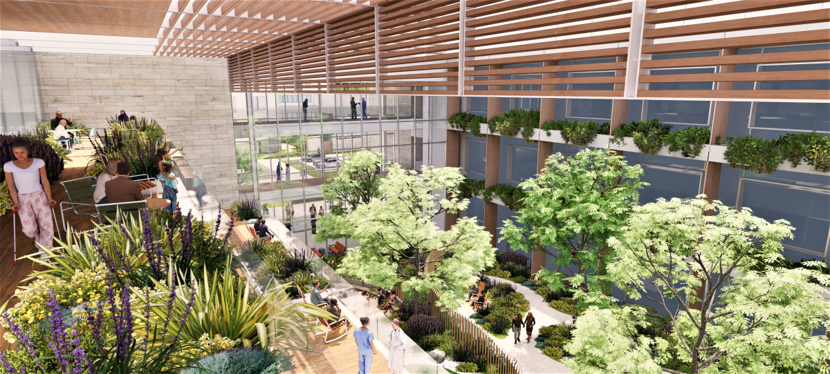 A rendering of a third-floor deck in a Women's Health Courtyard being proposed for a new Hoag Irvine Campus.