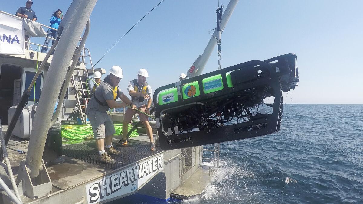 Scientists retrieve the Beagle ROV from a deep-sea dive around the Channel Islands National Marine Sanctuary.