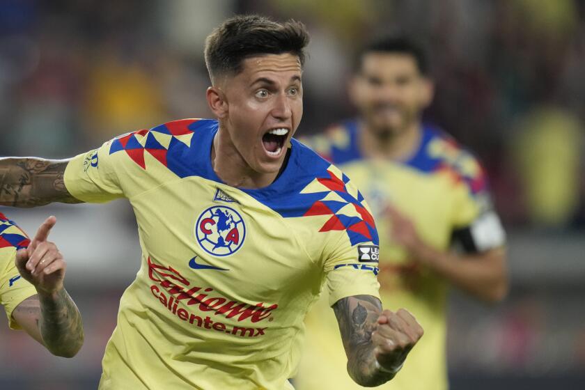 America's Paul Rodriguez celebrates during the second half of a Leagues Cup soccer match against St. Louis City Thursday, July 27, 2023, in St. Louis. (AP Photo/Jeff Roberson)