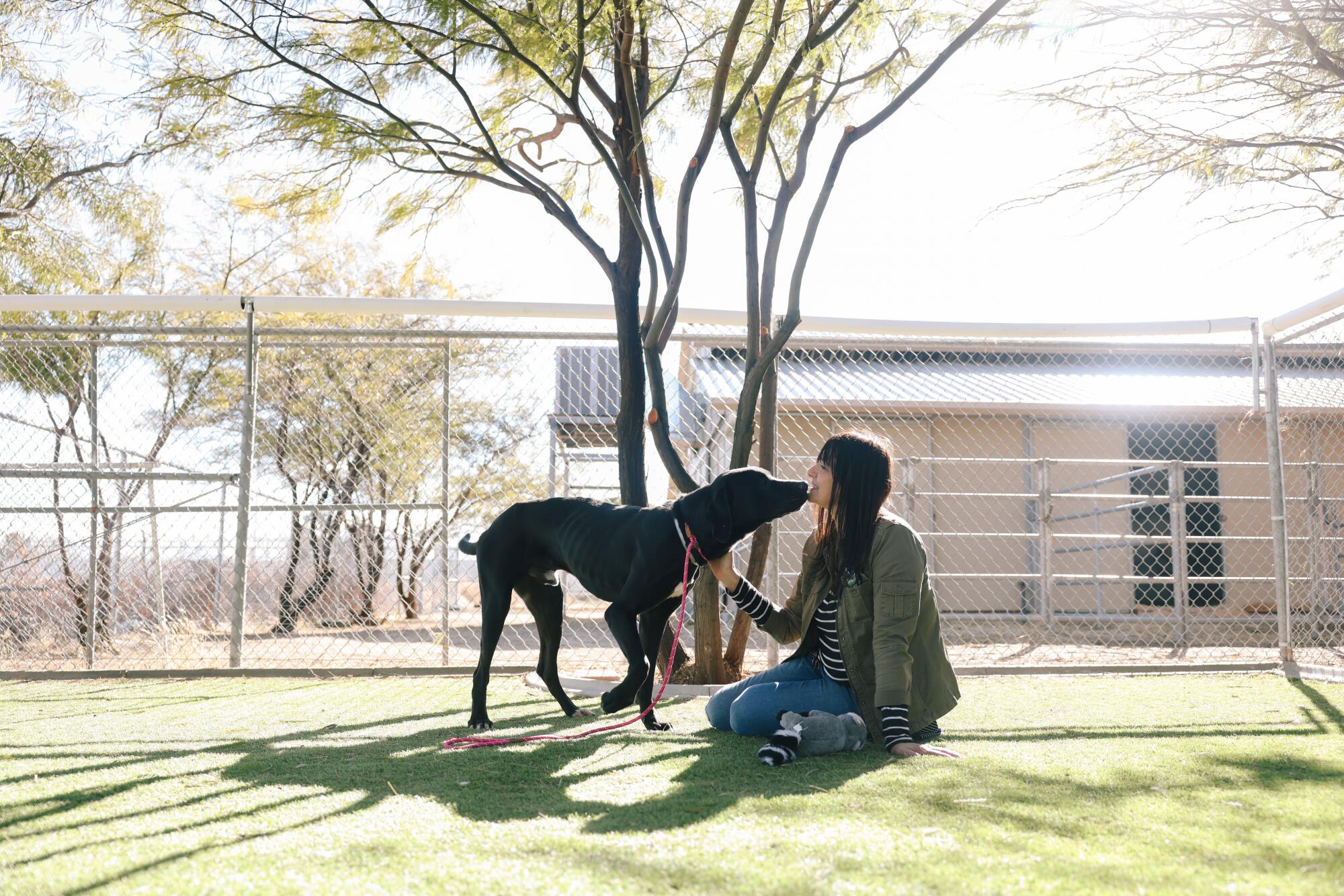 Rita Earl Blackwell pets a large black dog, approaching her for a kiss as she sits on the grass.