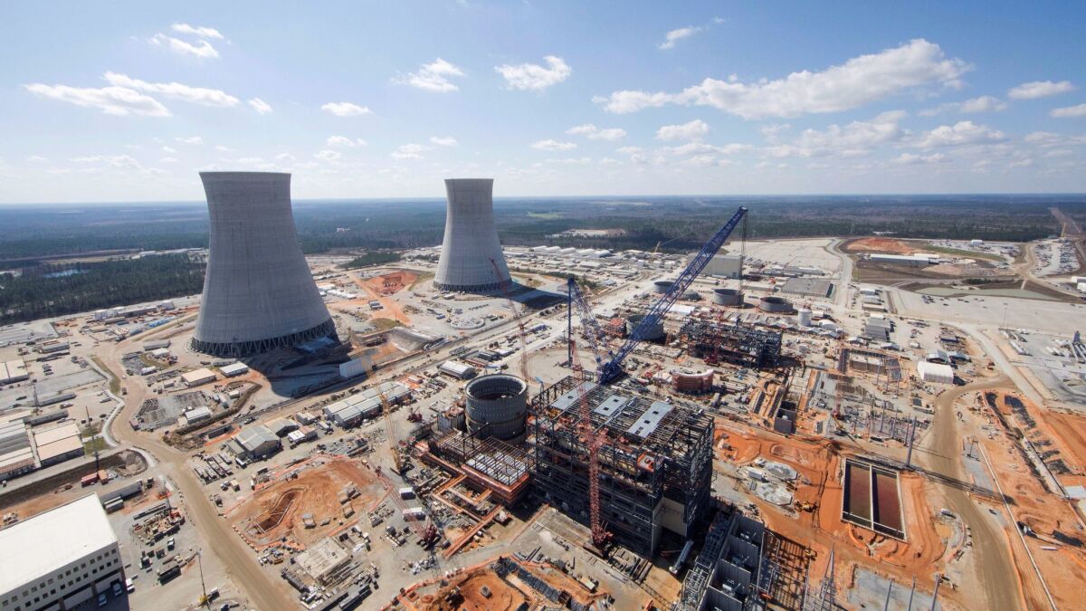 The Vogtle Unit 3 and 4 site, being constructed by primary contractor Westinghouse, a business unit of Toshiba, near Waynesboro, Georgia, is seen in an aerial photo taken Feb. 2017.