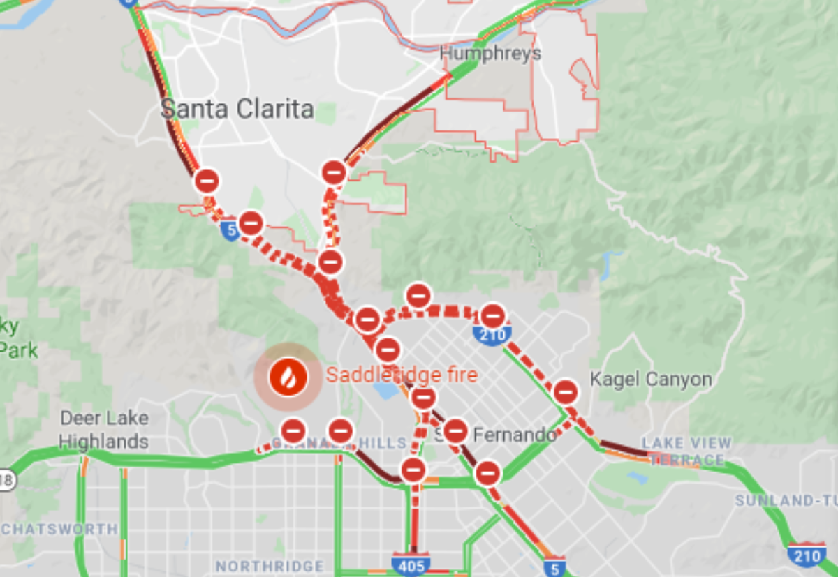 The Saddleridge fire in the San Fernando Valley has closed portions of 210, 5, 405 and 14 Freeways.