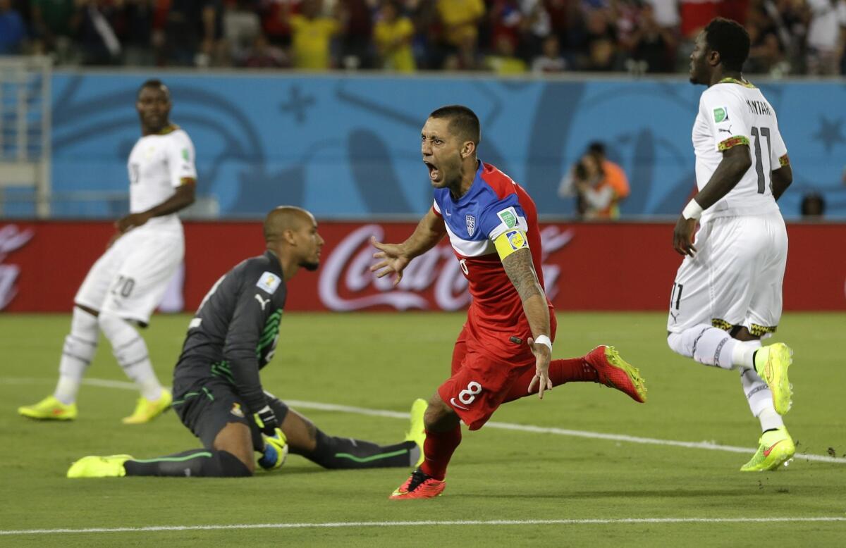 Clint Dempsey's goal in the first minute gave the U.S. a 1-0 lead over Ghana in the first half of its opening game of the World Cup.