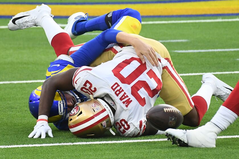 INGLEWOOD, CALIFORNIA NOVEMBER 29, 2020-Rams quarterback Jared Goff fumbles the ball.