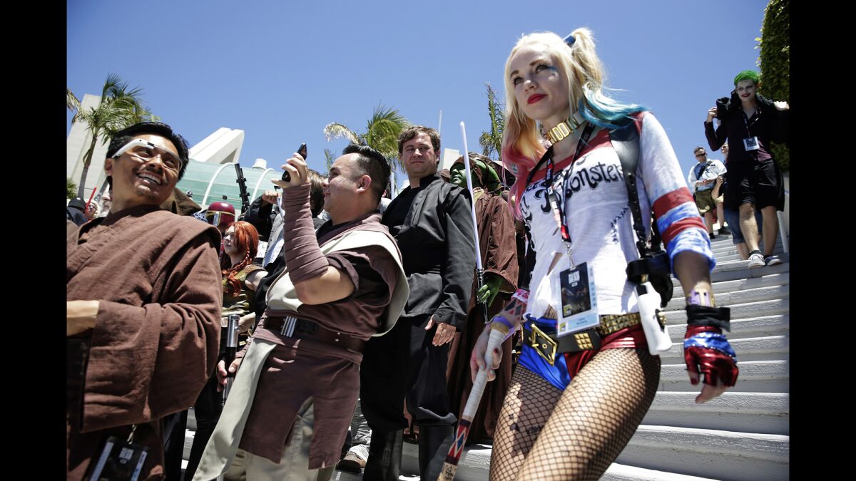 Quinn cosplay: Hayley Blumberg as Harley Quinn during day two of Comic-Con 2016.