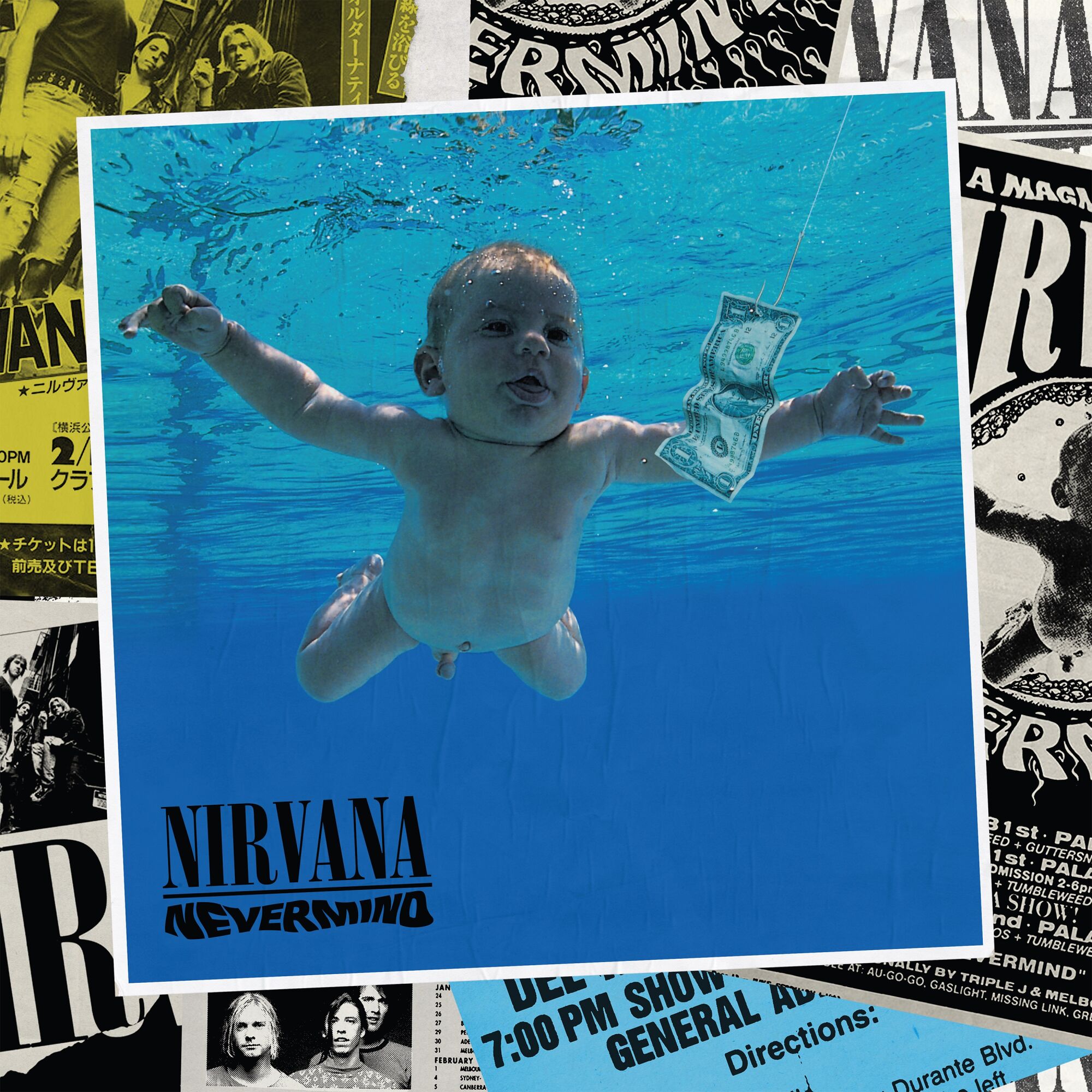 Nirvana's "Nevermind" album cover showing a baby floating in water with a one-dollar bill