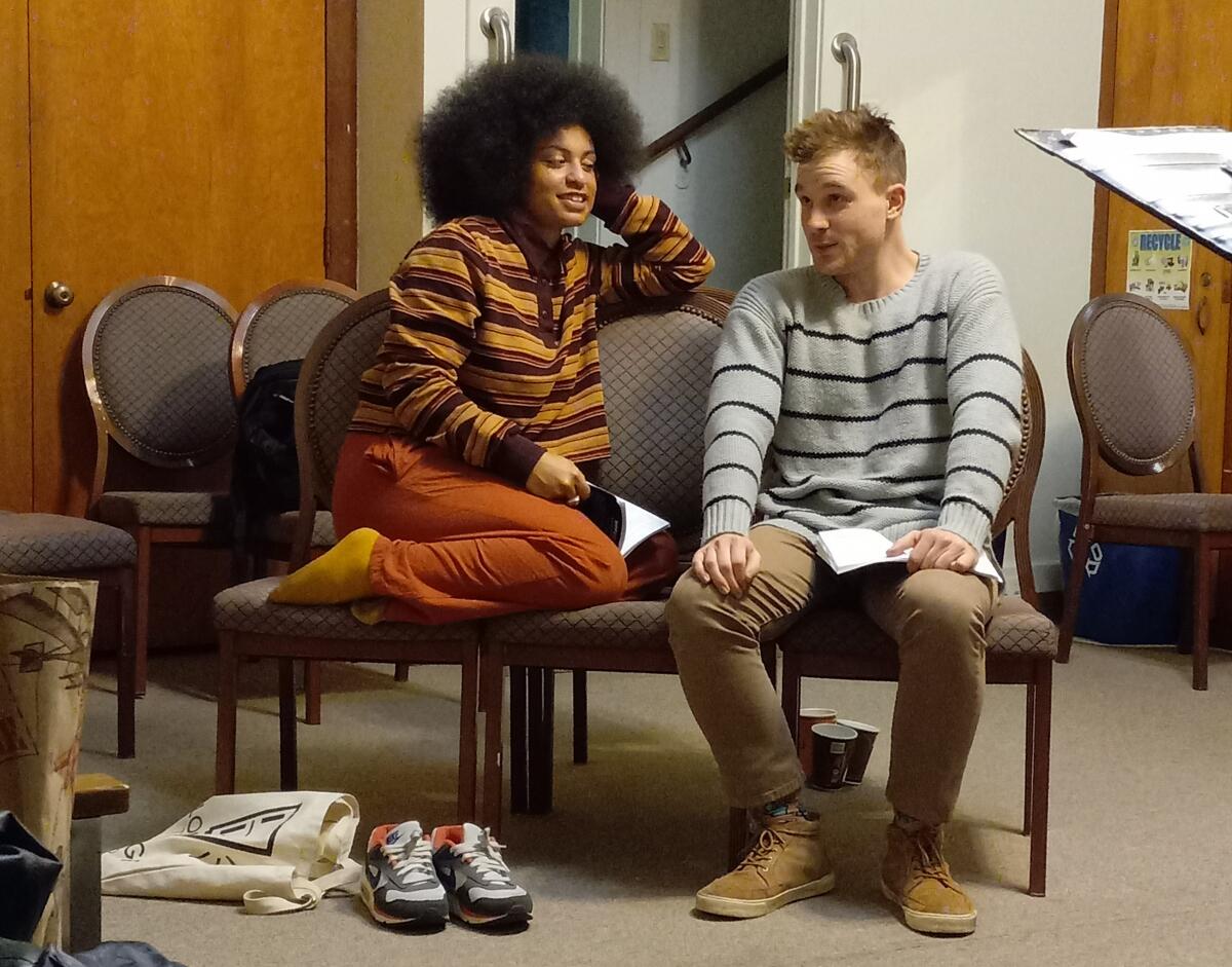 Amira Temple, left, and Devin Wade rehearse a scene for Loud Fridge Theatre Group's "Ripped."