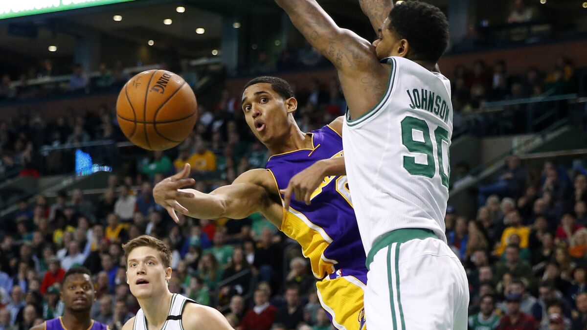 Lakers guard Jordan Clarkson finished the recent road trip with a 26-point effort and this nifty wrap-around pass against Celtics forward Amir Johnson in a win Wednesday.