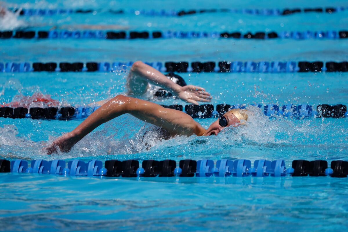 Julien Rousseau of Del Norte High won the 200- and 500-yard freestyle titles at the San Diego Section finals on May 13.