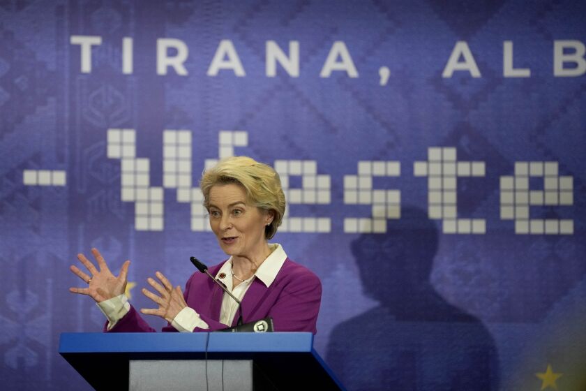European Commission President Ursula von der Leyen speaks during a media conference at the EU-Western Balkans Summit, in Tirana, Albania, Tuesday, Dec. 6, 2022. EU leaders and their Western Balkans counterparts gathered Tuesday for talks aimed at boosting their partnership as Russia's war in Ukraine threatens to reshape the geopolitical balance in the region. (AP Photo/Andreea Alexandru)