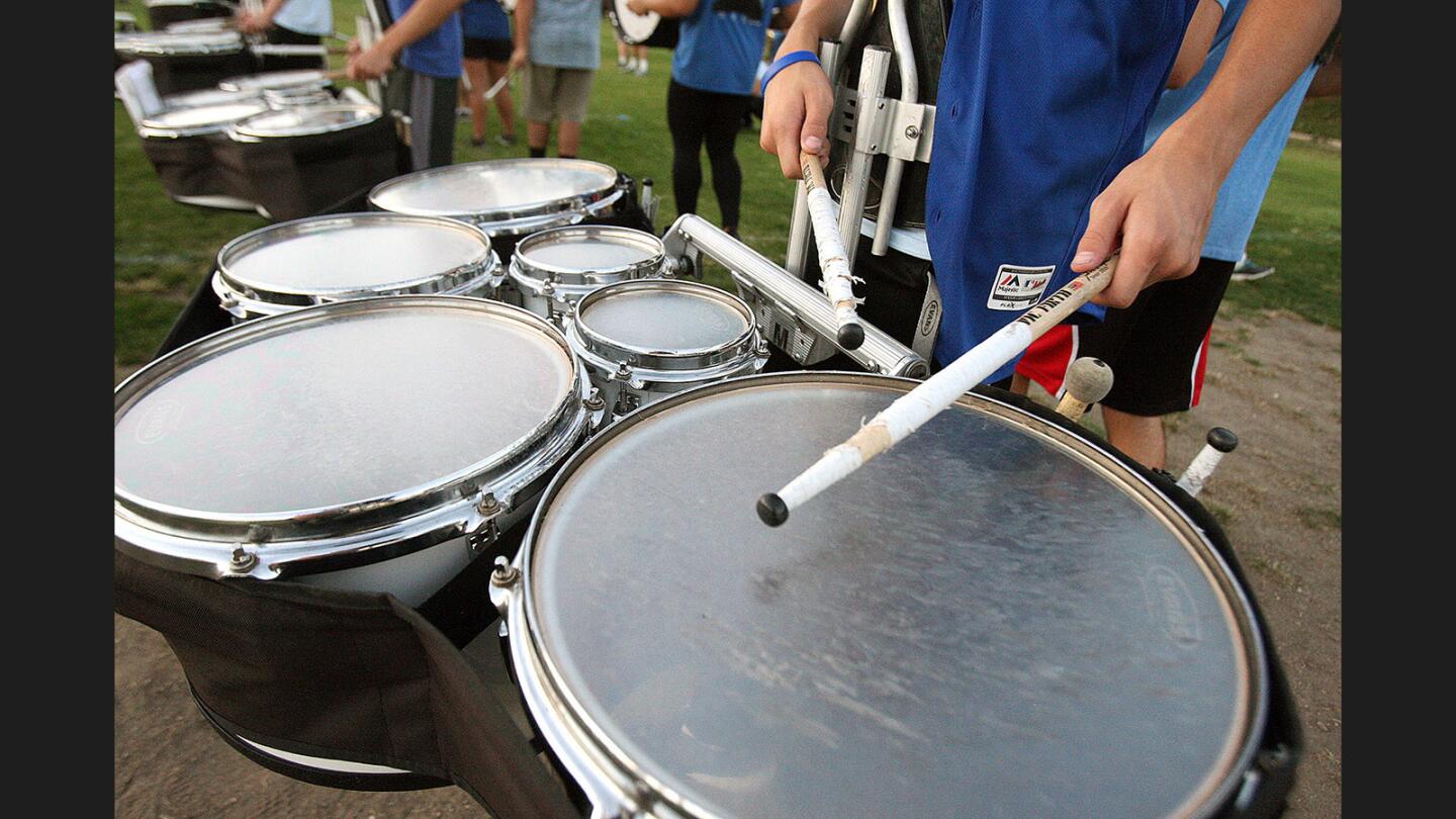 Tenor drum drum heads being used by a member of the Crescenta Valley High School marching band at practice for a competition at Rosemont Middle School on Thursday, November 3, 2016. A campaign to replace the drum heads the percussionists are using after a school janitor mistakenly identified $1,108 of new drum heads as trash and disposed of them. Currently, they are playing with last years, and drum heads they were able to borrow from other schools.
