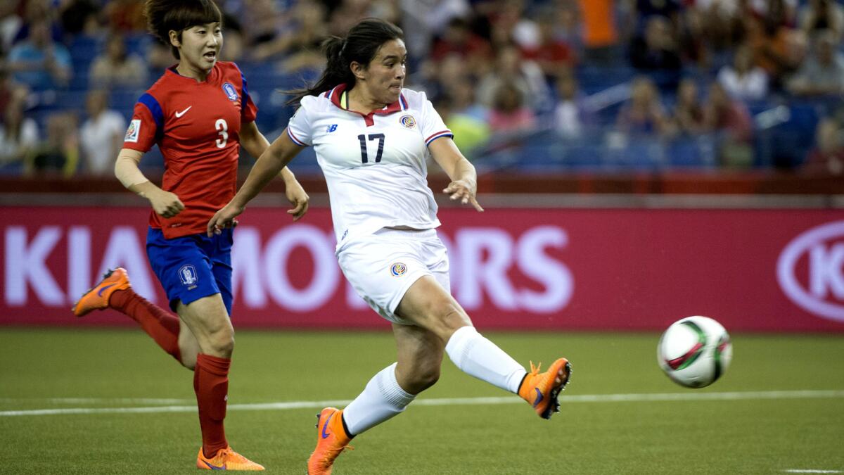 Costa Rica forward Karla Villalobos (17) beats South Korea defender Lim Seonjoo for a goal in the second half of their group game at the Women's World Cup on Saturday.
