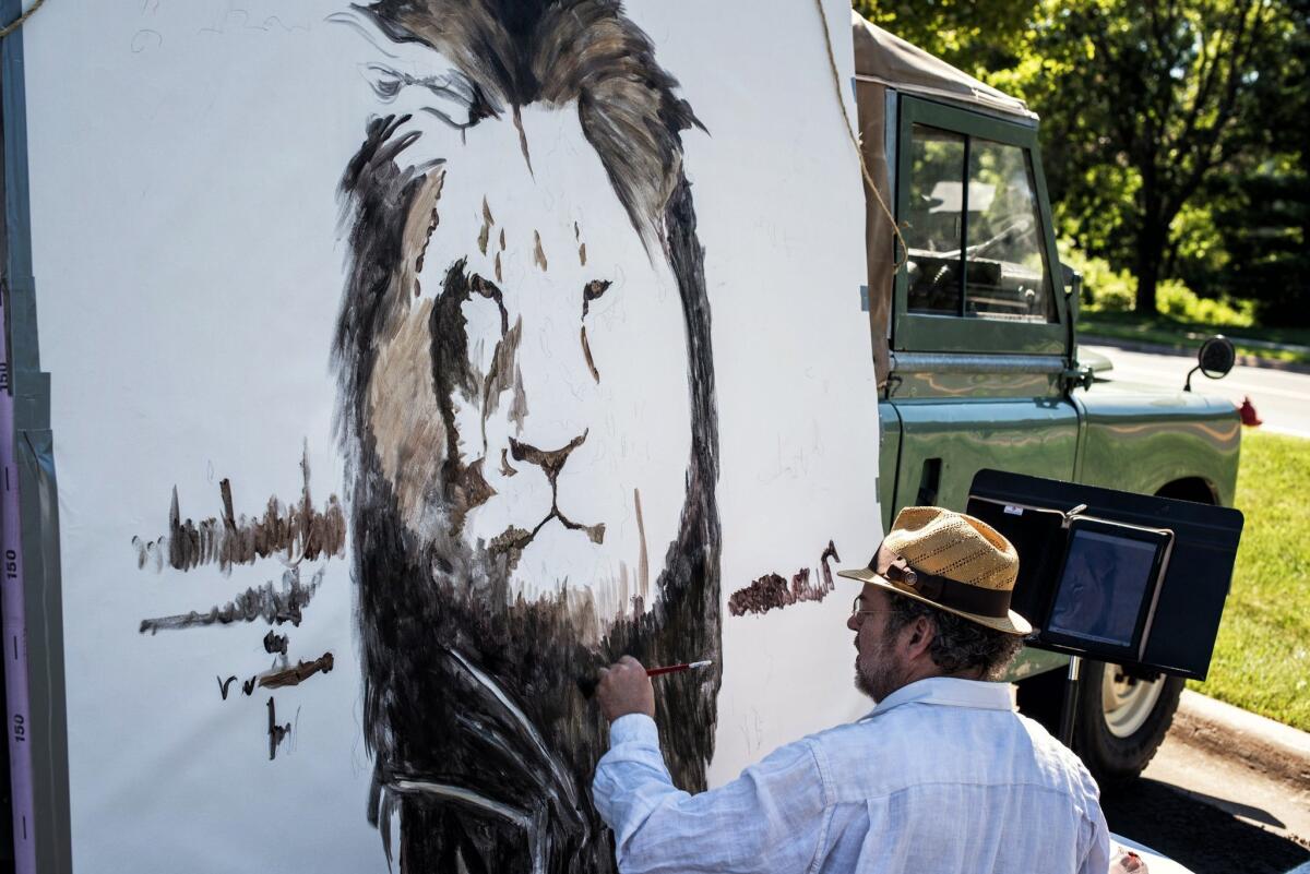 Artist Mark Balma paints a mural of Cecil, a well-known lion killed by Minnesota dentist Walter Palmer during a guided bow hunting trip in Zimbabwe, as part of a silent protest outside Palmer's office in Bloomington, Minn., Wednesday, July 29, 2015. Palmer said that he had no idea the lion he killed was protected and that he relied on the expertise of his local guides to ensure the hunt was legal. (Glen Stubbe/Star Tribune via AP) MANDATORY CREDIT