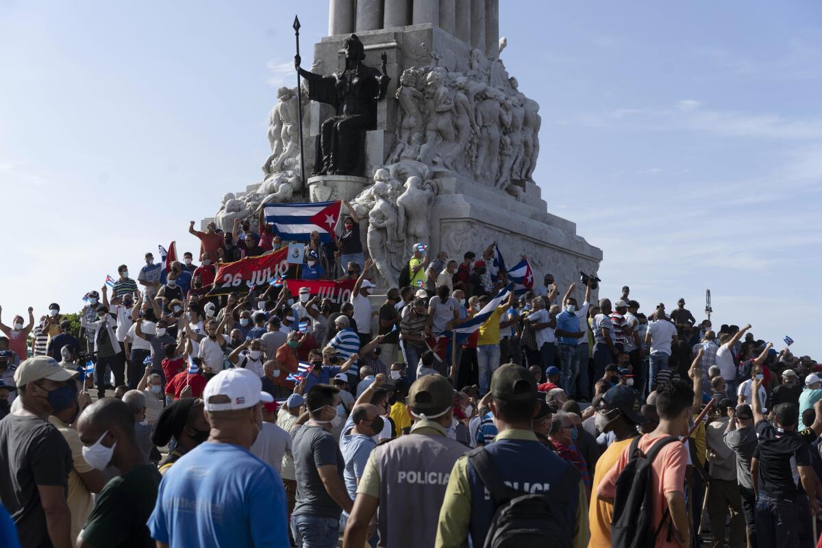 People gather during a demonstration in Havana on July 11.
