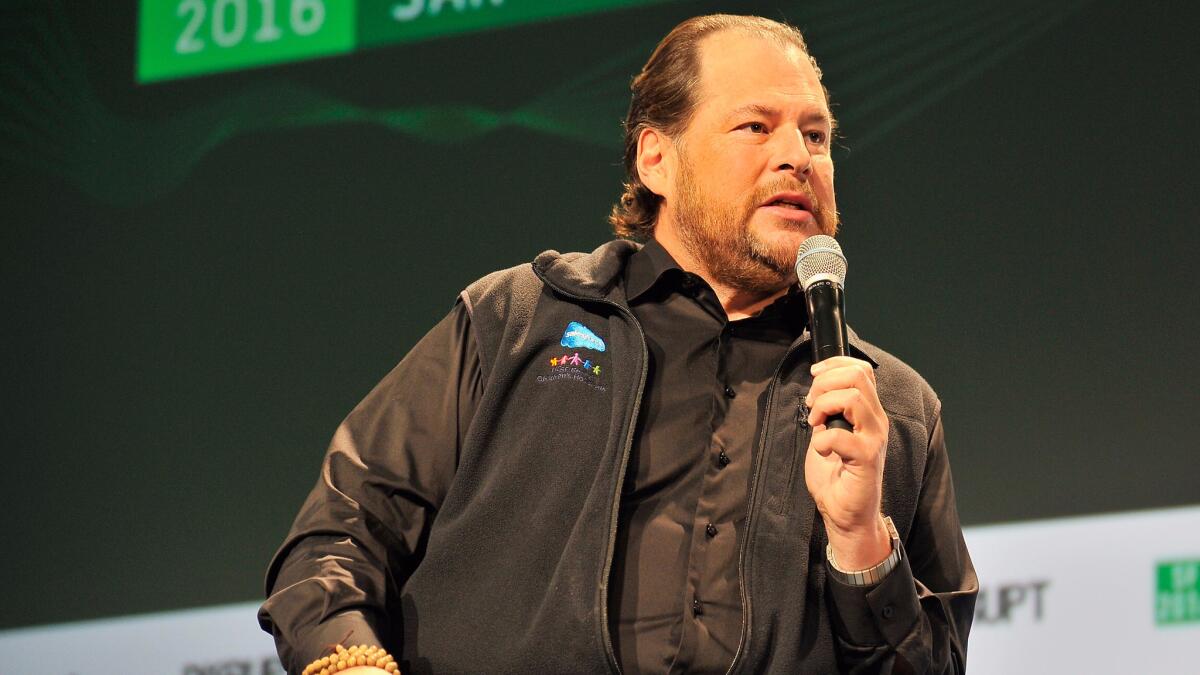 Salesforce CEO Marc Benioff speaks last month in San Francisco. Buying Twitter could extend Benioff's renown outside of tech and philanthropic circles.