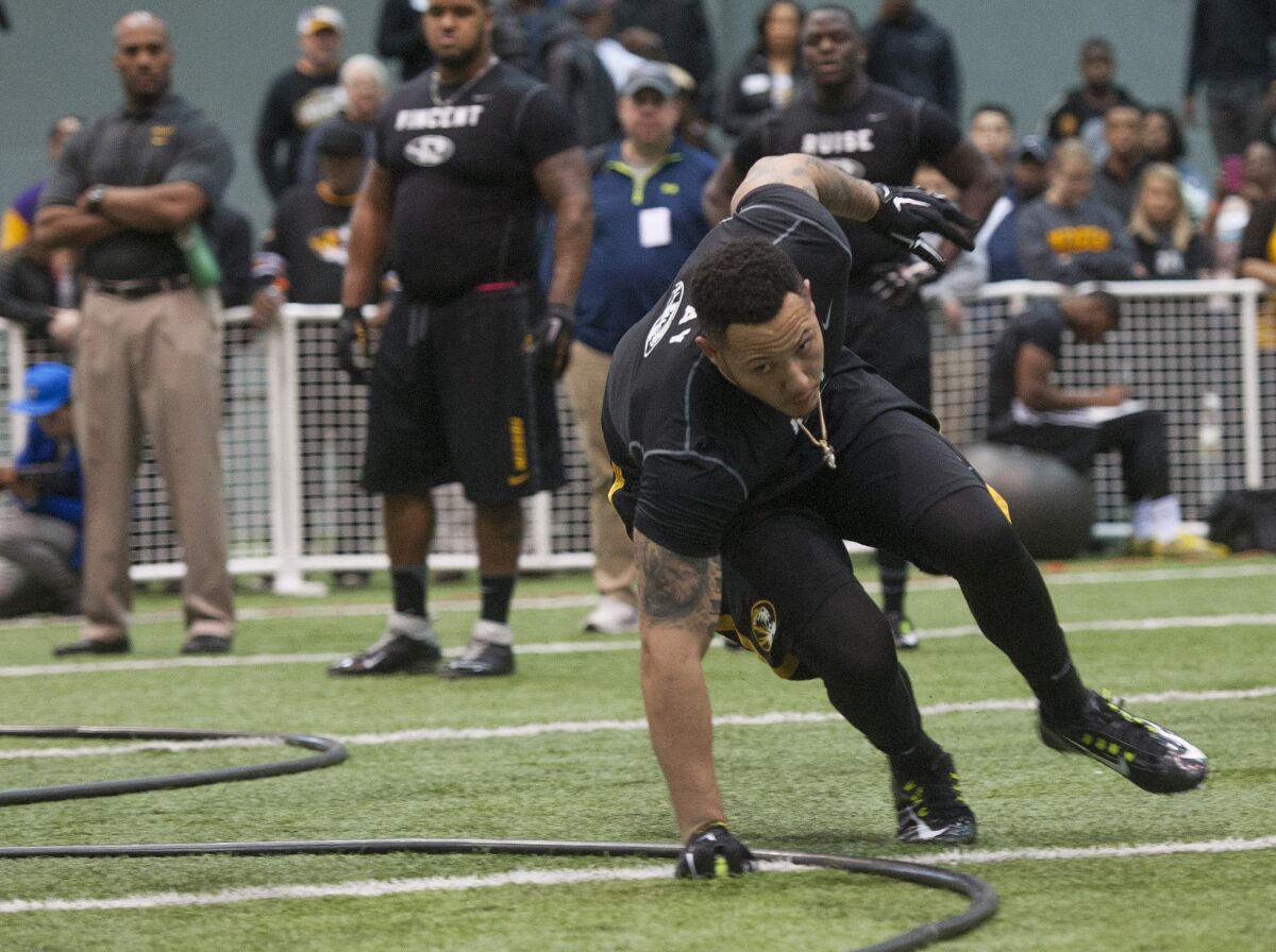 Defensive end Shane Ray takes part in an agility drill during Missouri's pro day on March 19.