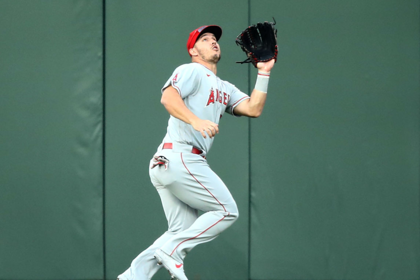 SAN FRANCISCO, CALIFORNIA - AUGUST 19: Mike Trout #27 of the Los Angeles Angels catches a ball.