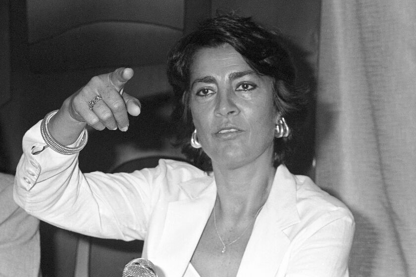 FILE - Greek actress and recording artist Irene Papas working in the Italian film "Christo si e Fermato a Eboli" (Christ Stopped at Eboli) gestures during a press conference in Cannes, France on November 5, 1979. Papas who stared along side Hollywood greats acting alongside Hollywood stars Gregory Peck, Anthony Quinn and Kirk Douglas, died on Wednesday, Sept. 14, 2022, at the age of 93. (AP Photo, File)