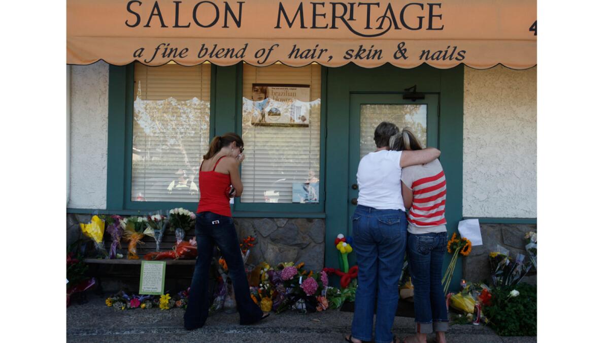 On the morning of Oct. 12, 2011, eight people were shot dead and a ninth wounded at Salon Meritage. People stopped there not long after the shootings to mourn.