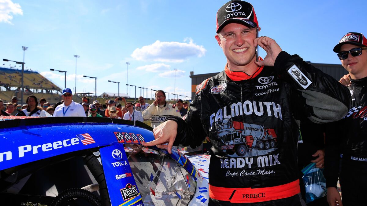 NASCAR driver Ryan Preece celebrates after winning the Xfinity Series US Cellular 250 race at Iowa Speedway on Saturday.