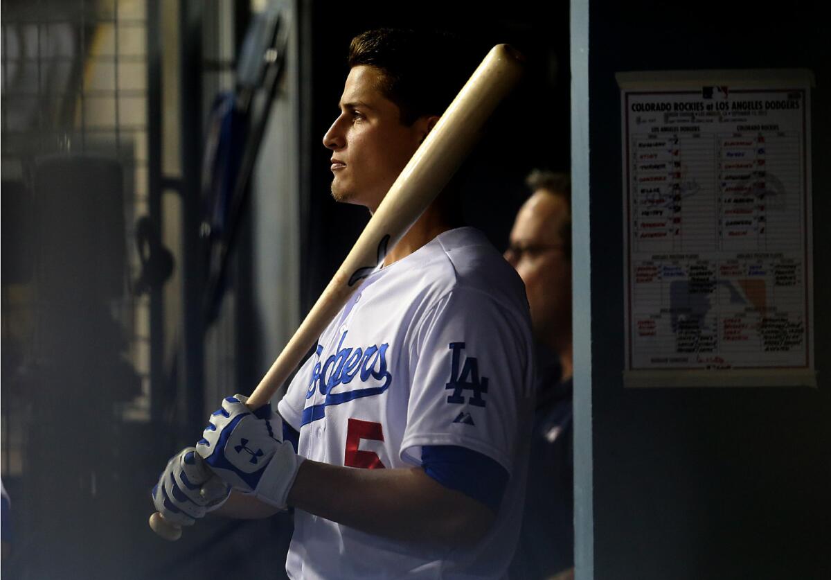 Dodgers shortstop Corey Seager prepares to go to bat against the Rockies during the second inning of a game Tuesday at Dodger Stadium.