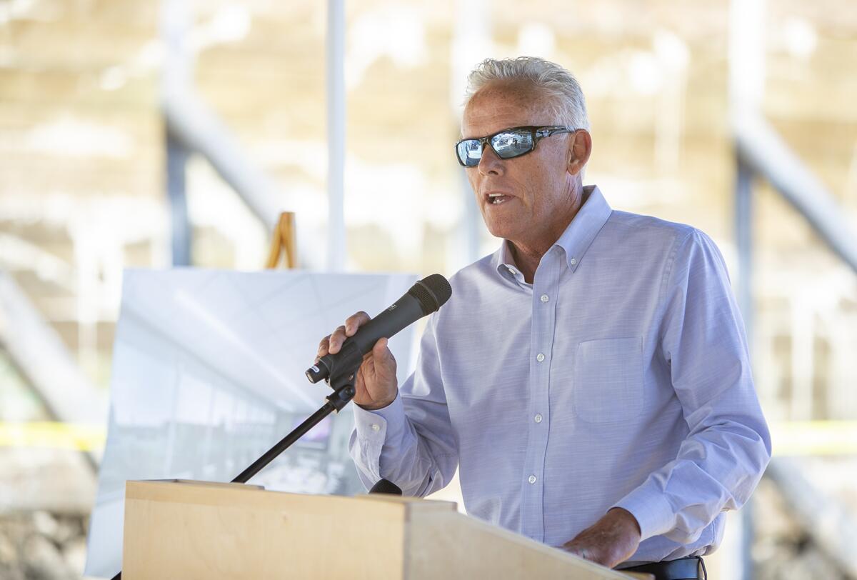 Brad Avery, Orange Coast College's director of marine programs and a Newport Beach city councilman, speaks during Monday's groundbreaking ceremony for the college's new two-story, 12,000-square-foot Professional Mariner Training Center in Newport.