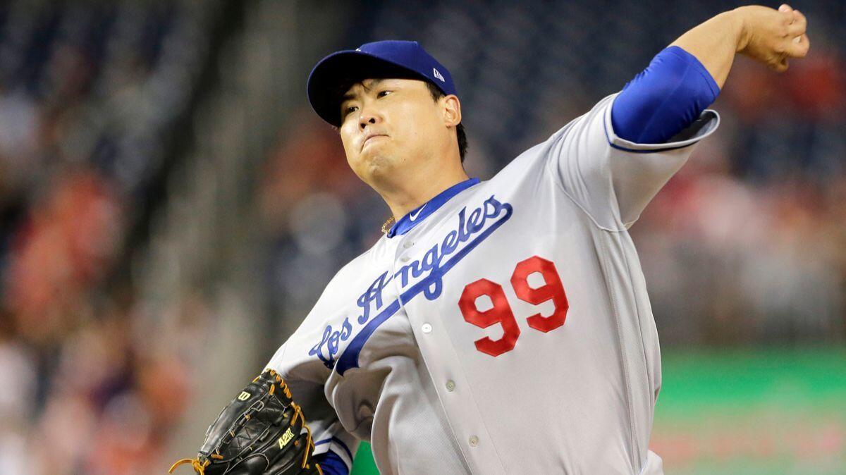 Dodgers starting pitcher Hyun-Jin Ryu throws during the first inning against the Washington Nationals on Sunday.