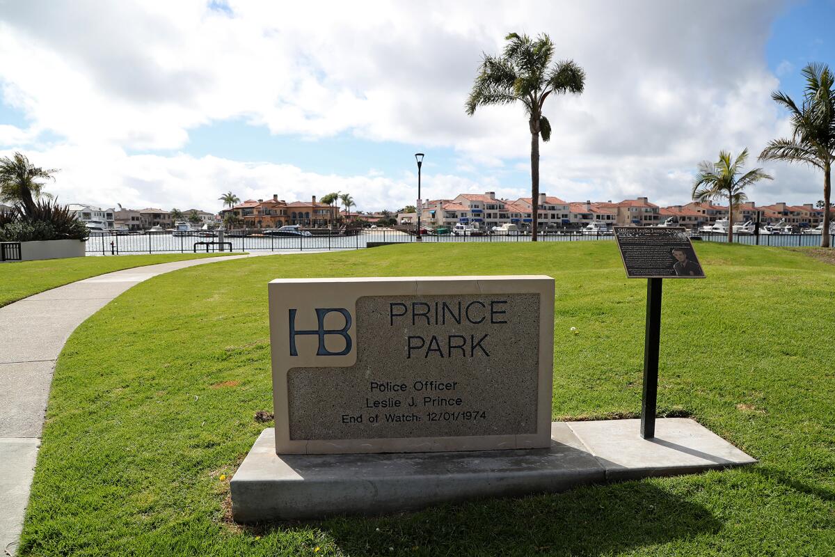 A sign marks the entrance of Prince Park, named in 1979 for fallen officer Leslie James Prince, who died in 1974.