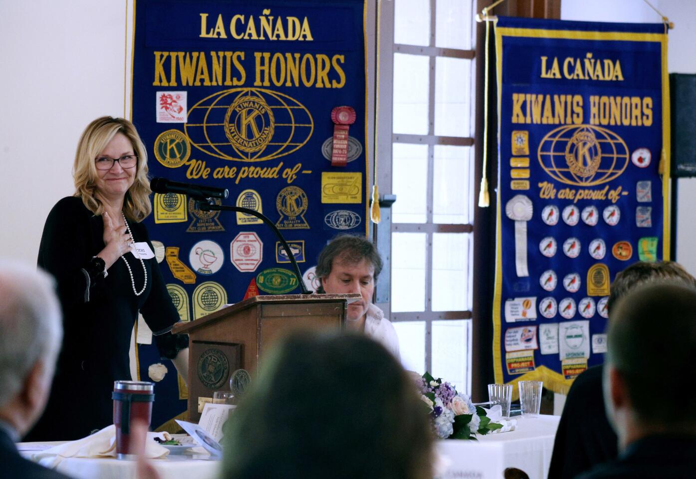 Honoree Vicki Schwartz speaks to those gathered at the Kiwanis Club of La Canada 2018 La Canadan of the Year luncheon, at Descanso Gardens in La Canada Flintridge on Wednesday, April 24, 2019.