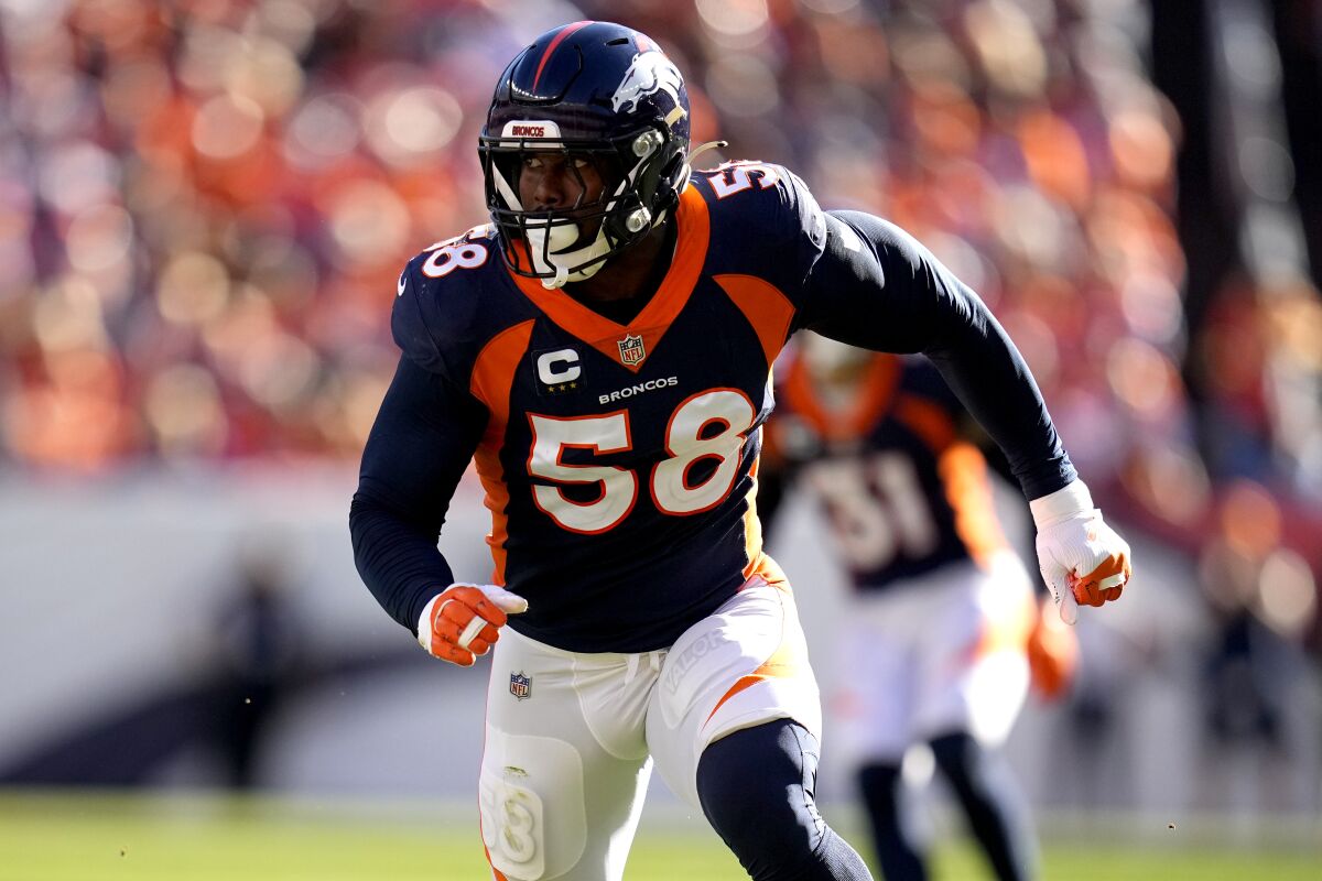 Denver Broncos linebacker Von Miller plays against the Las Vegas Raiders.