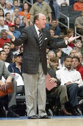 Head coach Mike Dunleavy of the Los Angeles Clippers questions a call in the second half against the Milwaukee Bucks.