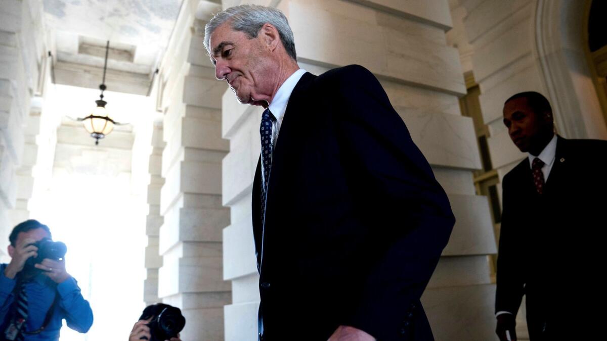 Special counsel Robert S. Mueller III departs Capitol Hill following a closed-door meeting in 2017.