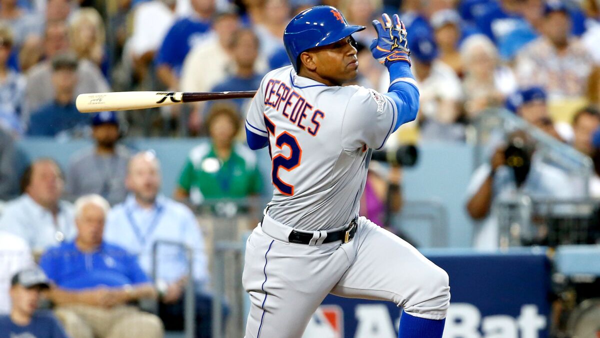 Mets slugger Yoenis Cespedes, hitting a home run against the Dodgers in Game 2 of the NLDS, will be the most coveted hitter on the free-agent market this winter.